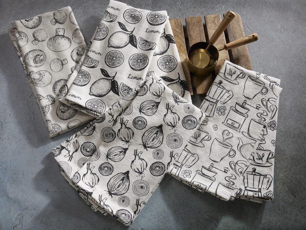 Premium Cotton Printed Towels - Coffee Print Set of 2 Kitchen Towels - 100 % Cotton - Ivory / Black